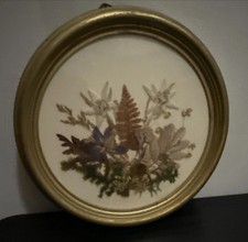 Vintage Smal 6 Inch Round Frame Pressed Mountain Flowers Framed Wall Decor