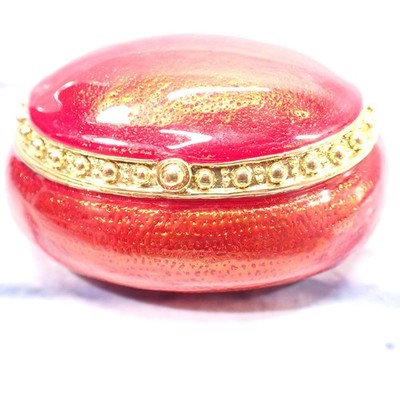 Exxon Red Enamel Trinket Box ExxonMobil Oval Hinged Jewelry Pill Gold Tone