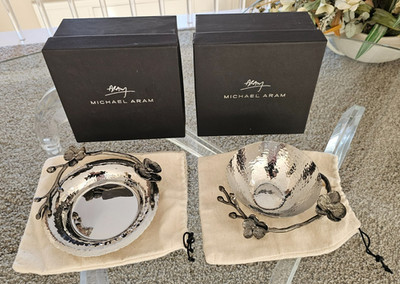 Michael Aram Black Orchid Nut Bowl & Wine Coaster W/ Dust Bags & Boxs RARE FIND!