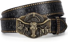 LEACOOLKEY Western Leather Belt for Men Women Cowboy Cowgirl Belt with Removabl