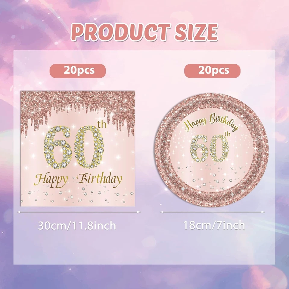 40 PCS 60Th Birthday Decorations for Women 60Th Birthday Plates and Napkins Rose - Image 2 of 4