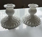 Vintage Fenton Spanish Lace with Silver Crest milk glass Candlestick holders set