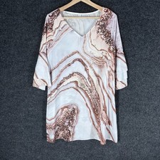 Unbranded Dress Women M Medium White Striped Shift Short V-Neck 3/4 Sleeve