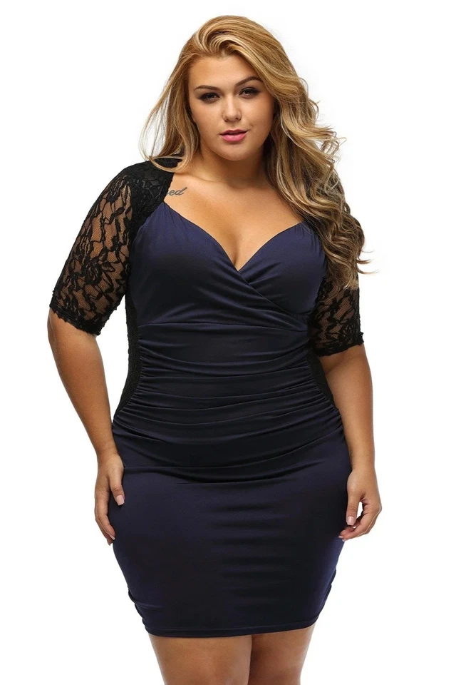 Plus Size Bodycon Dress Black Lace Sleeves Ruched V Neck Cocktail Party New - Image 2 of 4