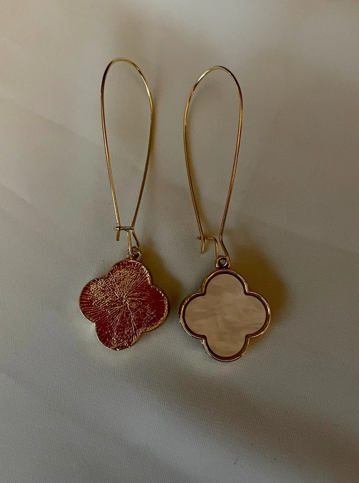 Gold Tone  Dangle Earrings with Mother of Pearl Colored Quatrefoil Ornament - Image 2 of 4