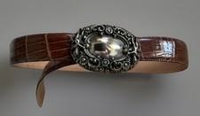 Brighton Brown Croc Embossed Leather Belt Ornate Silver Tone Scroll Buckle L
