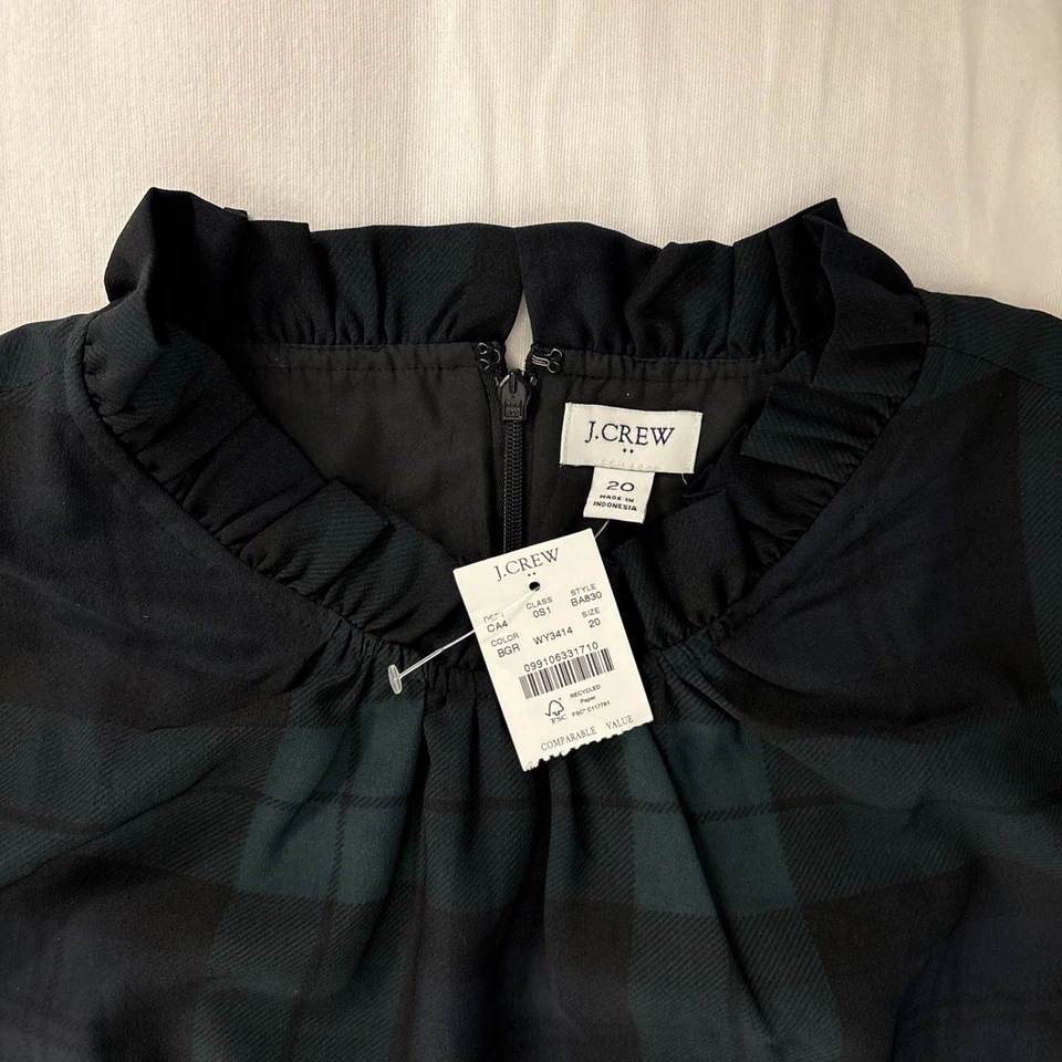 Vestido J Crew Talla 20 Reloj Negro Cuadros Volantes Cuello Cambio Vacaciones Elegante NUEVO Foto 3 de 4