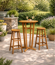 Wooden Garden Bar Set Outdoor Patio Tall Rustic Dining Table Chairs 2 Pub Stools