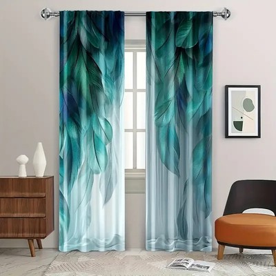 2 Pcs Gradient Teal Feather Printed Curtains, Designed for Light Filtering