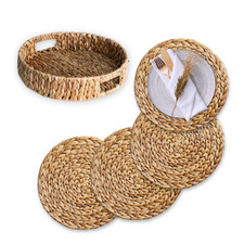 Two Set of 4 Woven Hyacinth Placemats with Matching Tray Holder 13.7'' Round