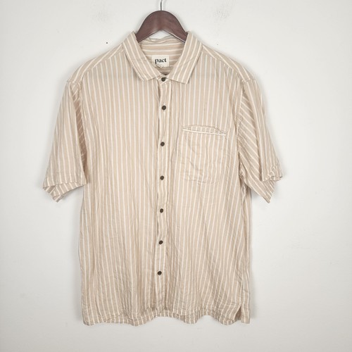 Pact 100% Organic Cotton Striped Tan Button Front Shirt Men's Size XL