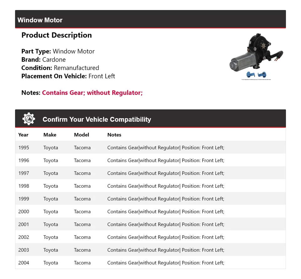 Motor ventana delantero izquierdo cardone para Toyota Tacoma 1995-2004 1996 1997 1998 1999 Foto 2 de 4