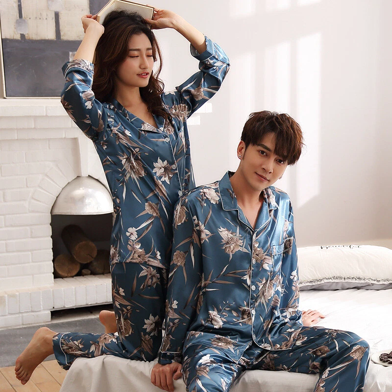 V Neck Nightwear Sleep Set Pajamas Ice Silk Printing Long Sleeve