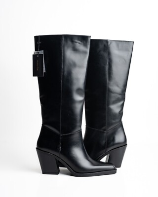 Massimo Dutti Knee High Boots Heeled Leather Black EU 40 US 9 1062/250 NWT