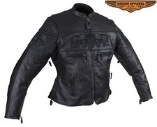 Black Leather Motorcycle Biker Ladies Classic Fit Reflective Skulls Jacket