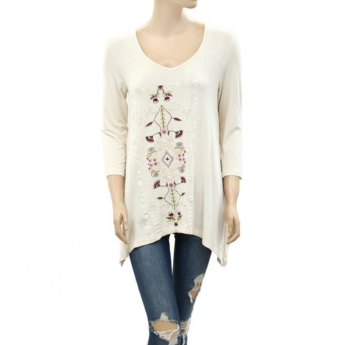 Caite Anthropologie Floral Embroidered Tunic Top Asymmetrical Cream S 210420