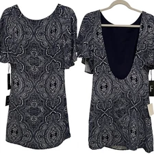 Lulus Dress Womens S Navy Blue Paisley Open Back Mini Flutter Sleeves NWT