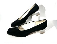 Rare Vintage 1960s Black Crepe Fabric Pumps With Acrylic Heels Pumps 10 Narrow