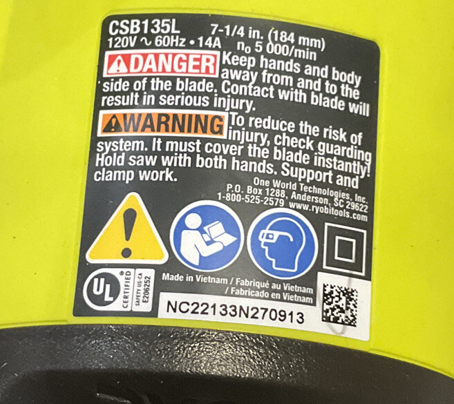 USED Ryobi CSB135L 14-Amp 7-1/4" Corded Circular Saw with Laser