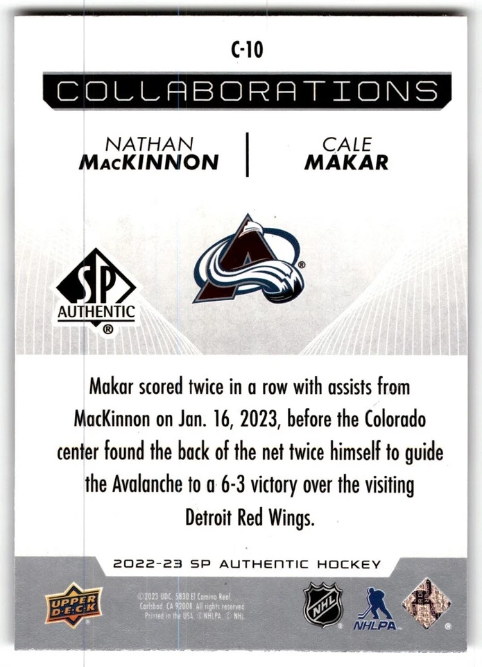 2022-23 SP Authentic Collaborations Nathan MacKinnon/Cale Makar #C-10 - Image 2 of 2