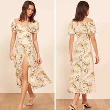 Reformation Pearl Dress Aurora Floral Cream Ivory Orange Gold Puff Sleeve Midi 2