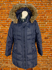 Womens Larry Levine Size Large Navy Faux Fur Hood Padded Down Parka Jacket Coat