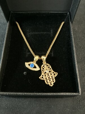 18K 18Ct Gold Filled Chain Necklace With Lucky Hamsa Hand & Evil Eye & Ref:-1