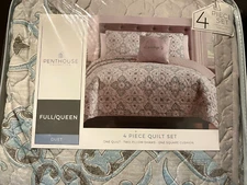 4-Piece Quilt Set Duet Full/Queen Penthouse Collection Pillow "Dreamer" Blue/Tan