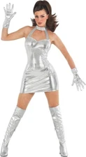 Womens Silver Assassin Costume Adult Austin Powers Movie Spy Dress + Gloves