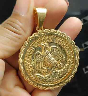 14K Yellow Gold Plated 1945 Dos Pesos Coin Pendant 925 Sterling