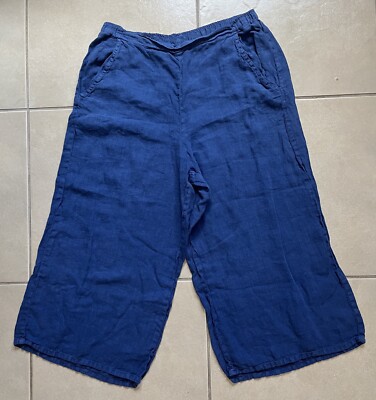 Match Point Women s M Blue Linen Wide Leg Pockets Capri Crop Pants Beach Summer