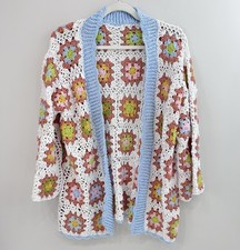 Handmade Granny Square Crocheted Cardigan Oversized White Blue Open Front