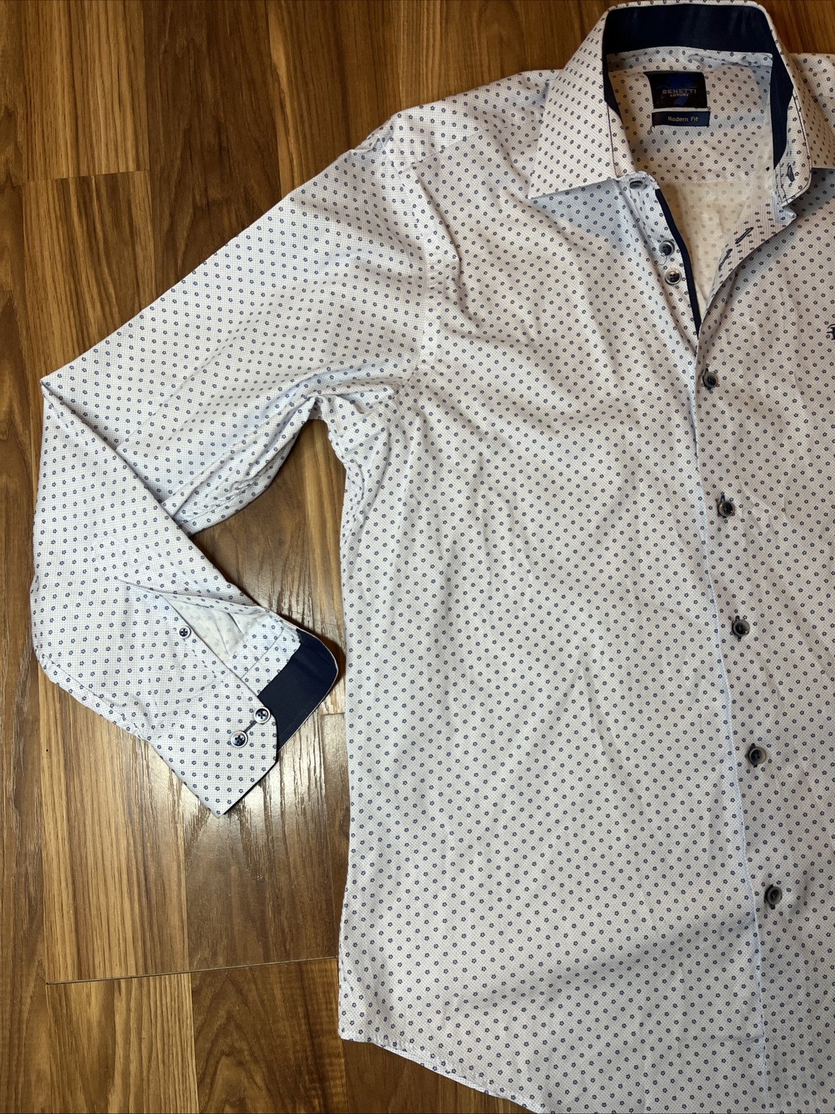 Benetti Modern Fit Shirt Men’s L Blue & White Geometric Print Flip Cuff