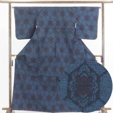 Recycled Tsumugi Silk Kimono Navy Kikko Pattern Lined Unused Tall M