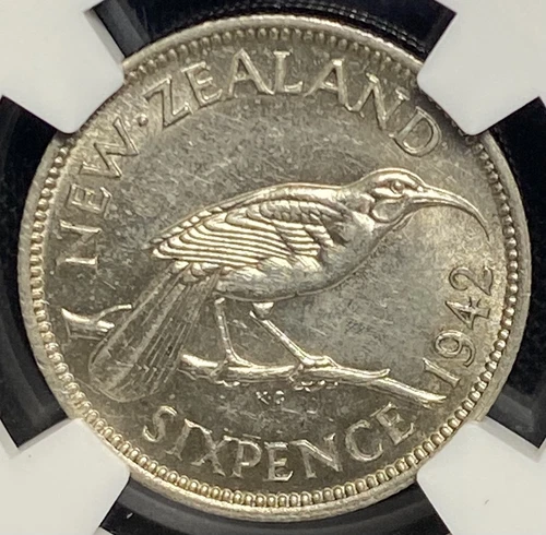 NGC AU58 New Zealand 1942 King George VI Silver 6 Pence 6p Coin Britain WWII WW2