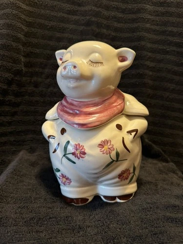 Rare 1940s Shawnee "Smiley Pig" Chrysanthemum cookie jar w/ pink flowers & scarf