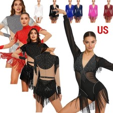 US Lady Fringe Trim V Neck Bodysuit Top Latin Rumba Tango Salsa Leotard Jumpsuit