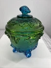 Vintage Jeanette Green Blue Glass Footed Bowl Candy Dish Grapes & Leaves Design