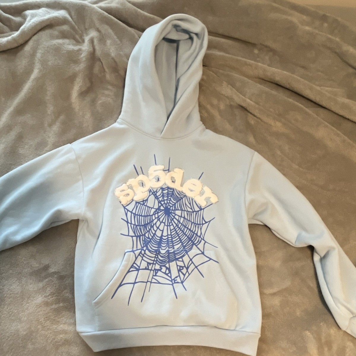 sp5der Light Blue Fleece Pullover Hoodie Spider Web Graphic Print