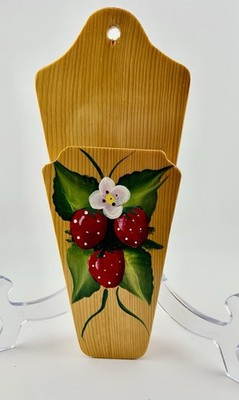 Wood Folk Art Strawberry/Floral Hand Painted  Wall Pocket Scissors Holder 9  T