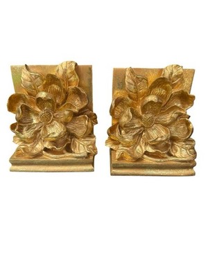 VTG 1995 CBK LTD Magnolia Blossom Book Ends Antique Gold Tone  Cottagecore