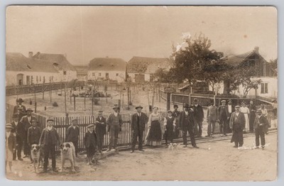 Real Photo Postcard c1910 Village Town with Crowd of People and Dogs RPPC