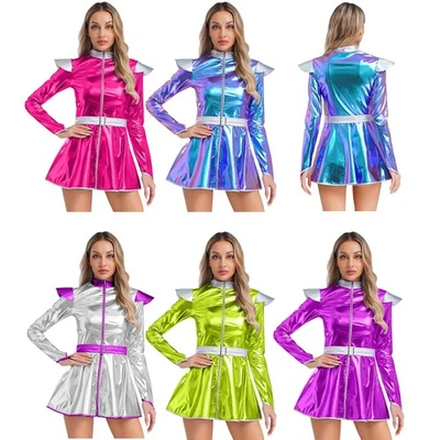 MARKENLOS DE Damen Alien Kostüm Metallic Kleid Cosplay Weltall Astronauten Halloween Party