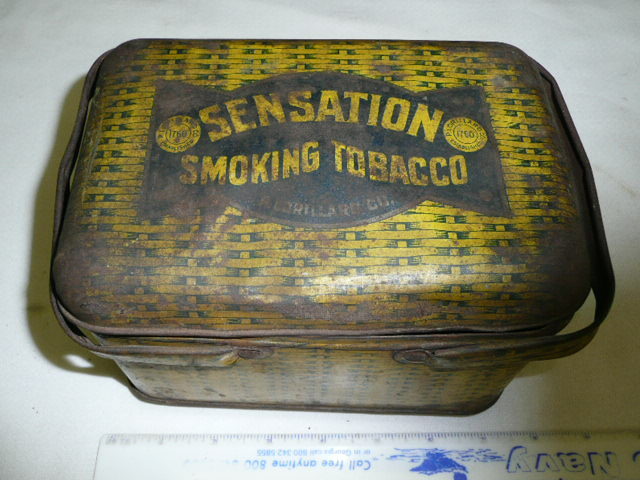RARE VINTAGE SENSATION SMOKING TOBACCO LUNCH BOX TIN!----#DP
