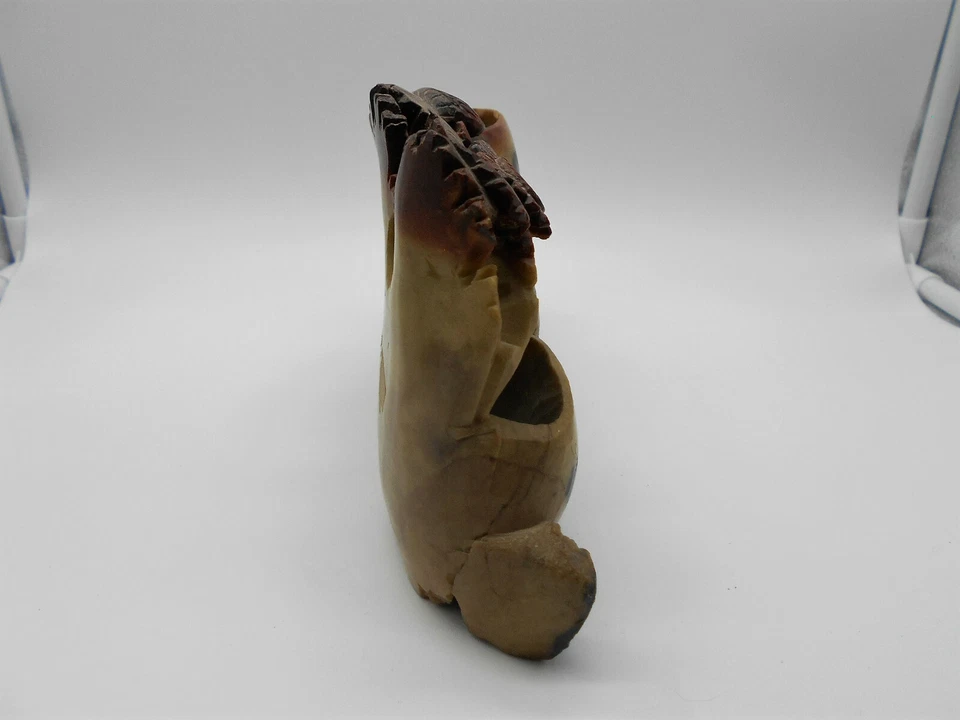 ENCRIER / POT A PINCEAU FLEURS & OISEAUX SCULPTÉ EN PIERRE DE LARD CHINE XIX ème - Photo 2/4