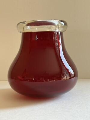 Vintage Red Ruby Clear Glass Hand Blown Modern Vase 6.5  Tall