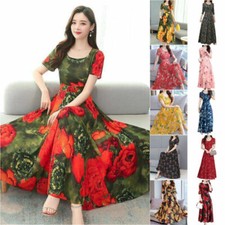 Women Floral Printed Maxi Dress Holiday Ladies Short Sleeve Casual Beach Dresses