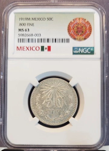 1919 MEXICO SILVER 50 CENTAVOS .800 FINE NGC MS 63 SCARCE COIN