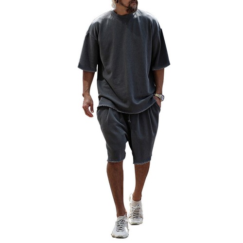 Men Loose Pure Solid Sports Short Sleeve T Shirt Shorts Set Outfit Sportswear - Picture 19 of 32