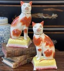 Glorious Rare Large 19C Russet White English Staffordshire Mantle Cat Pair 7.5” — photo 1
